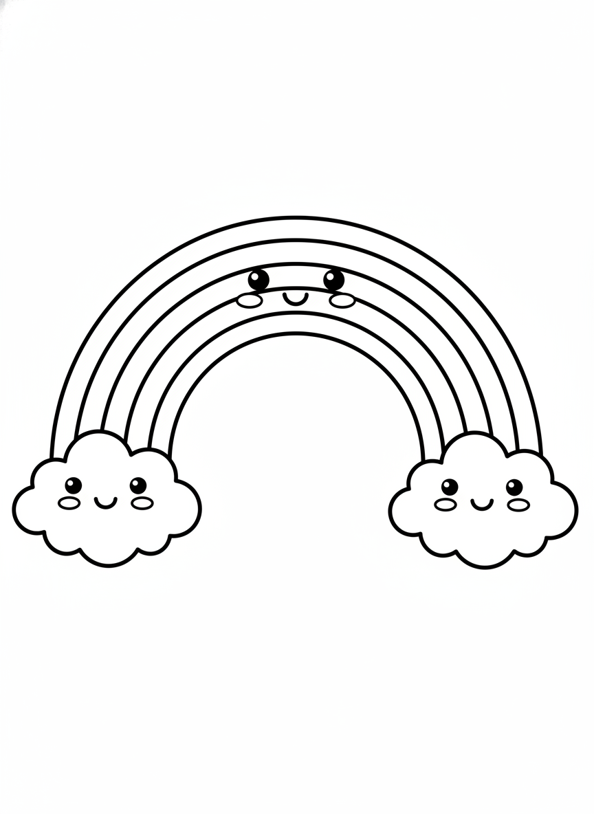 Fröhlicher Regenbogen und Wolken Malvorlage für Kinder - Regenbogen Malvorlage mit Niedlich und Einfaches Ausmalen - Kostenlose Druckbare Umrisszeichnung