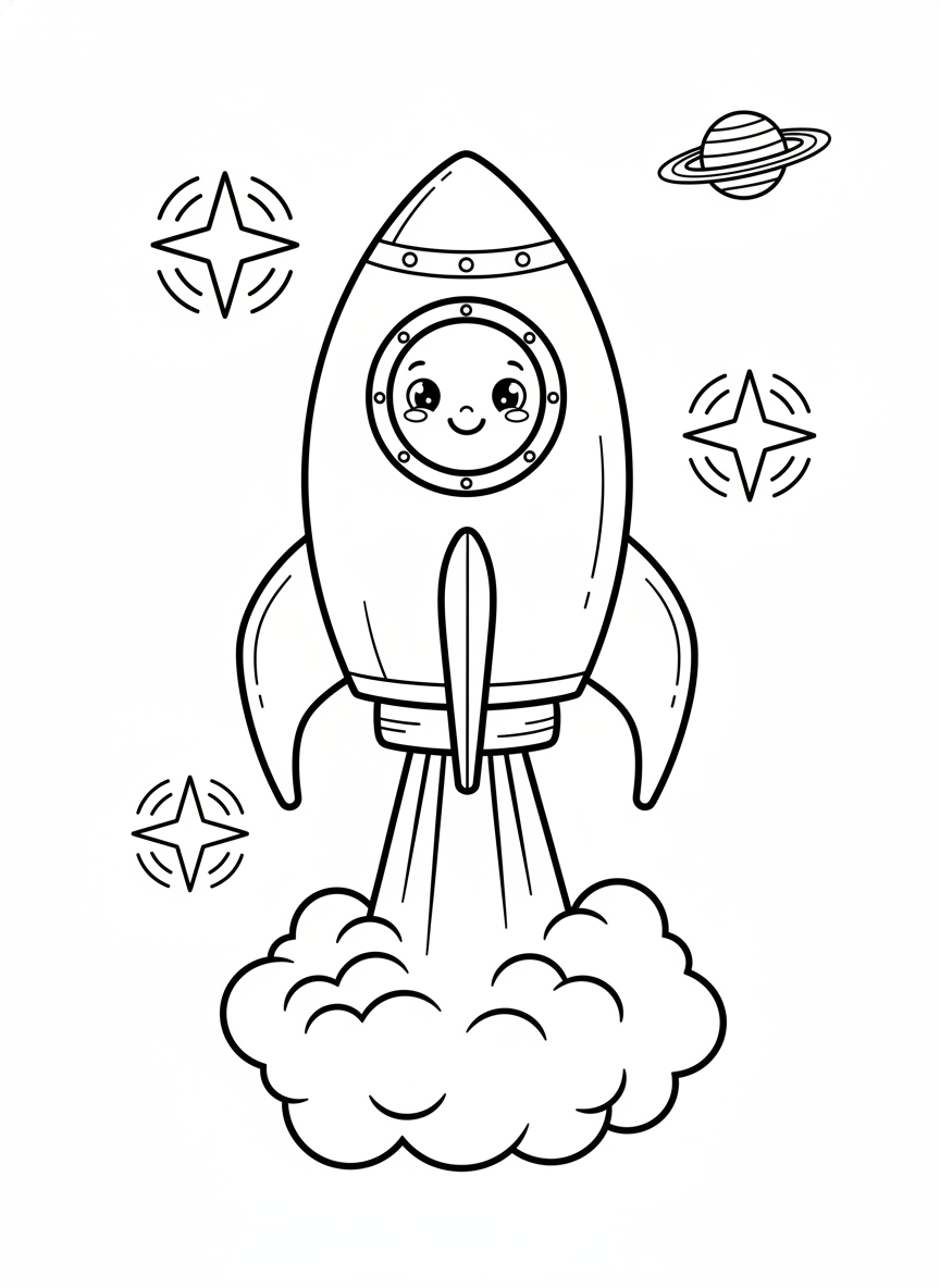 Happy Rocket Space Adventure: Kids Coloring Page - Space & Planet Coloring Page featuring Children and Cute - Free Printable Outline Drawing for Kids
