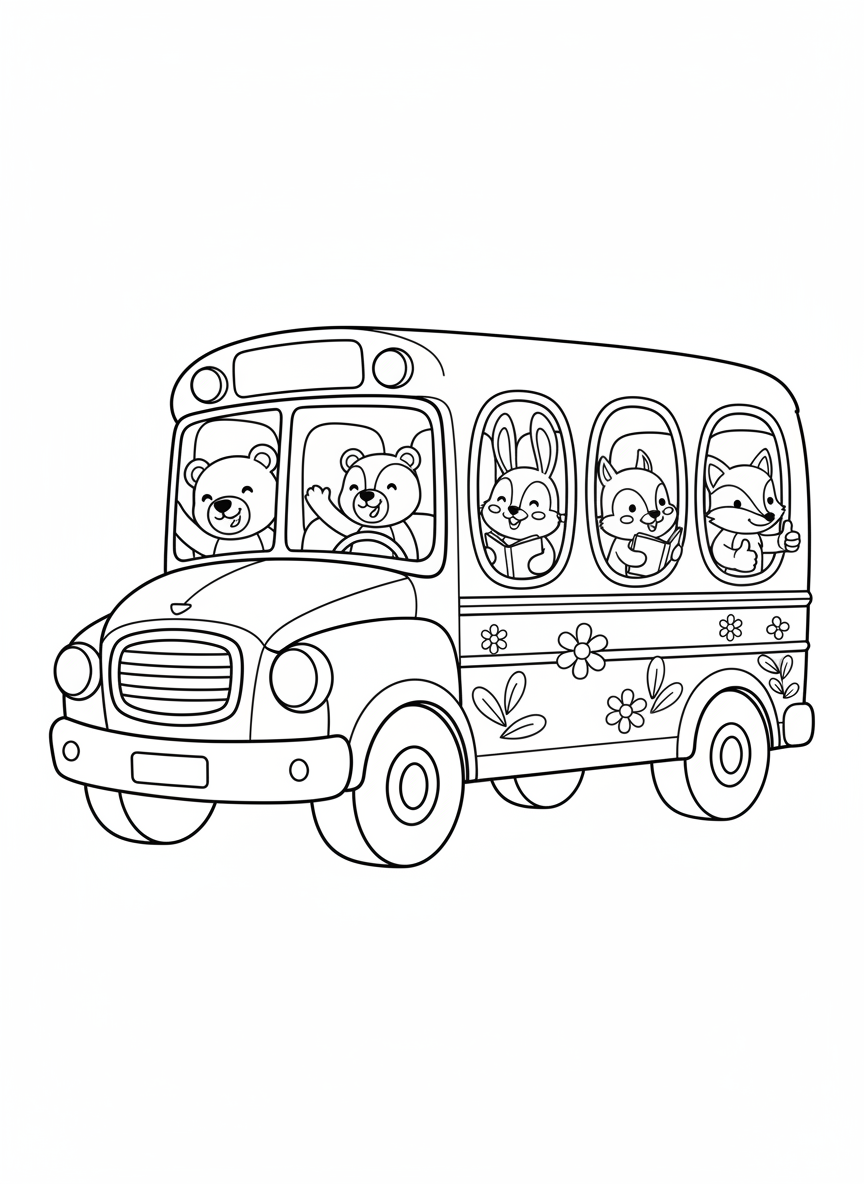 Happy School Bus Adventure: Animal Friends Coloring Page for Kids - School Bus Coloring Page featuring Children and Animals - Free Printable Outline Drawing for Kids