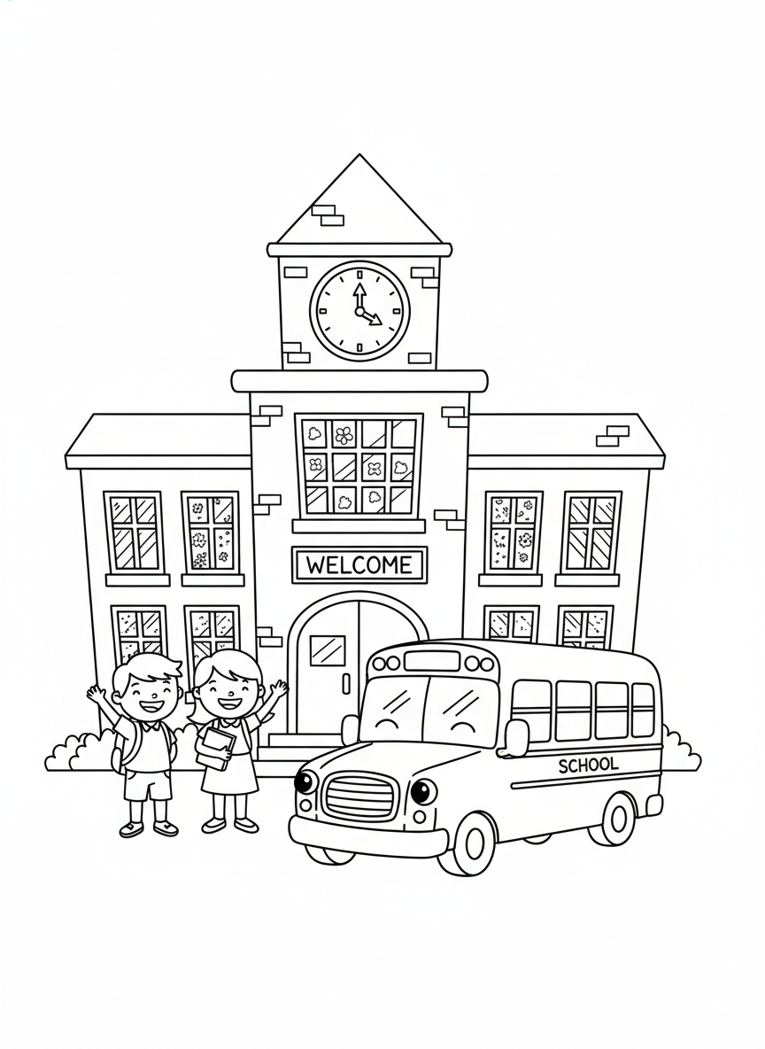 Happy School Day Coloring Page for Kids - School Life Coloring Page featuring School Bus and Storybook Art - Free Printable Outline Drawing for Kids