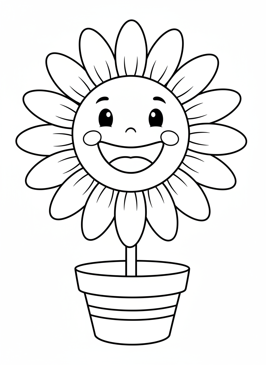 Página de colorir de flor feliz e sorridente em vaso - Flores Desenho para Colorir com Crianças e Fofo - Desenho de Contorno Grátis Imprimível