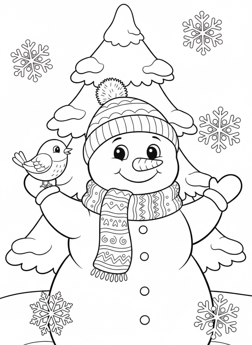 Happy Snowman & Bird Winter Wonderland Coloring Page for Kids - Winter Coloring Page featuring Cute and Bird - Free Printable Outline Drawing for Kids
