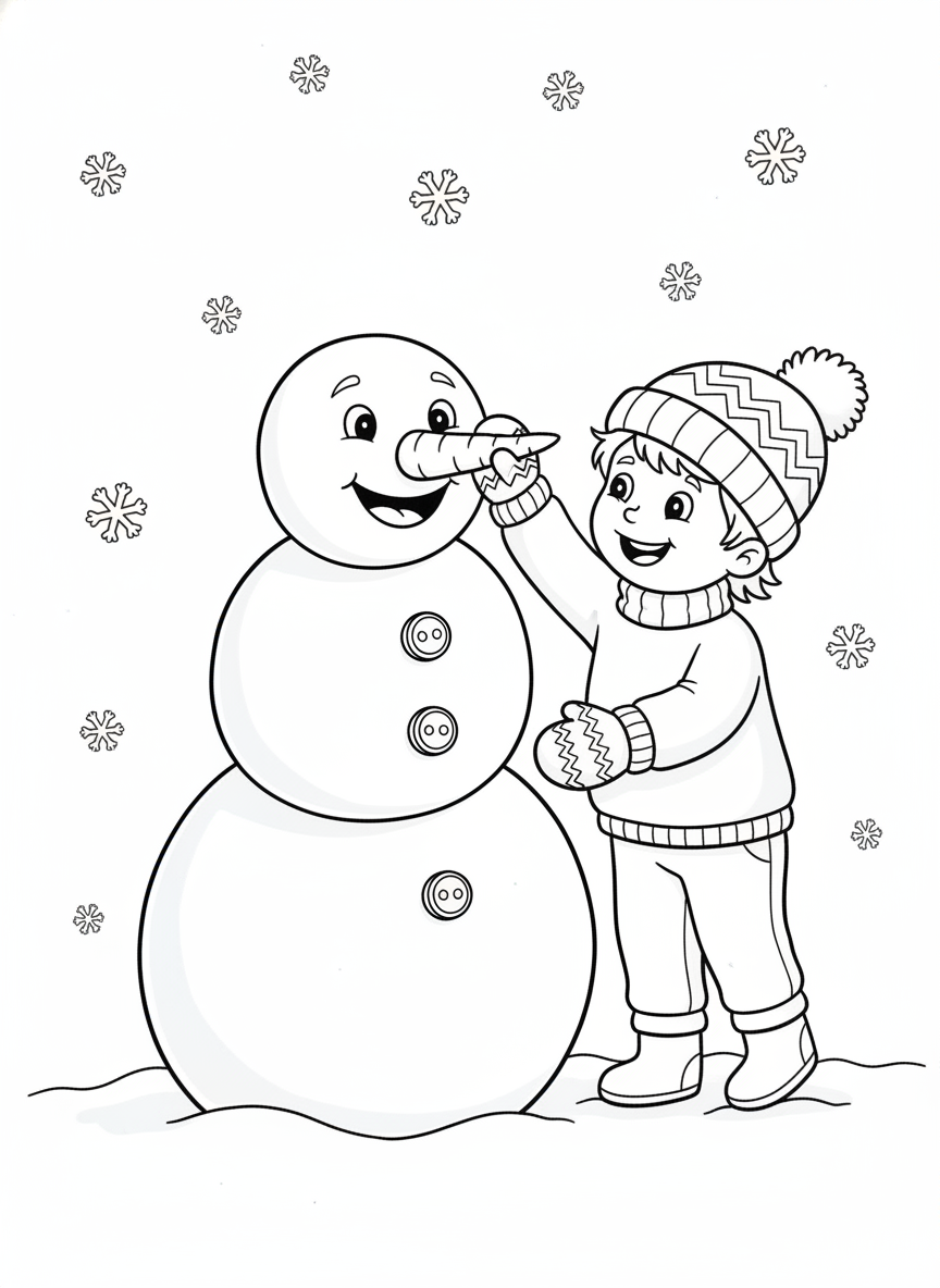 Happy Snowman & Child in Winter Wonderland Coloring Page - Winter Coloring Page featuring Easy to Color and Cheerful - Free Printable Outline Drawing for Kids