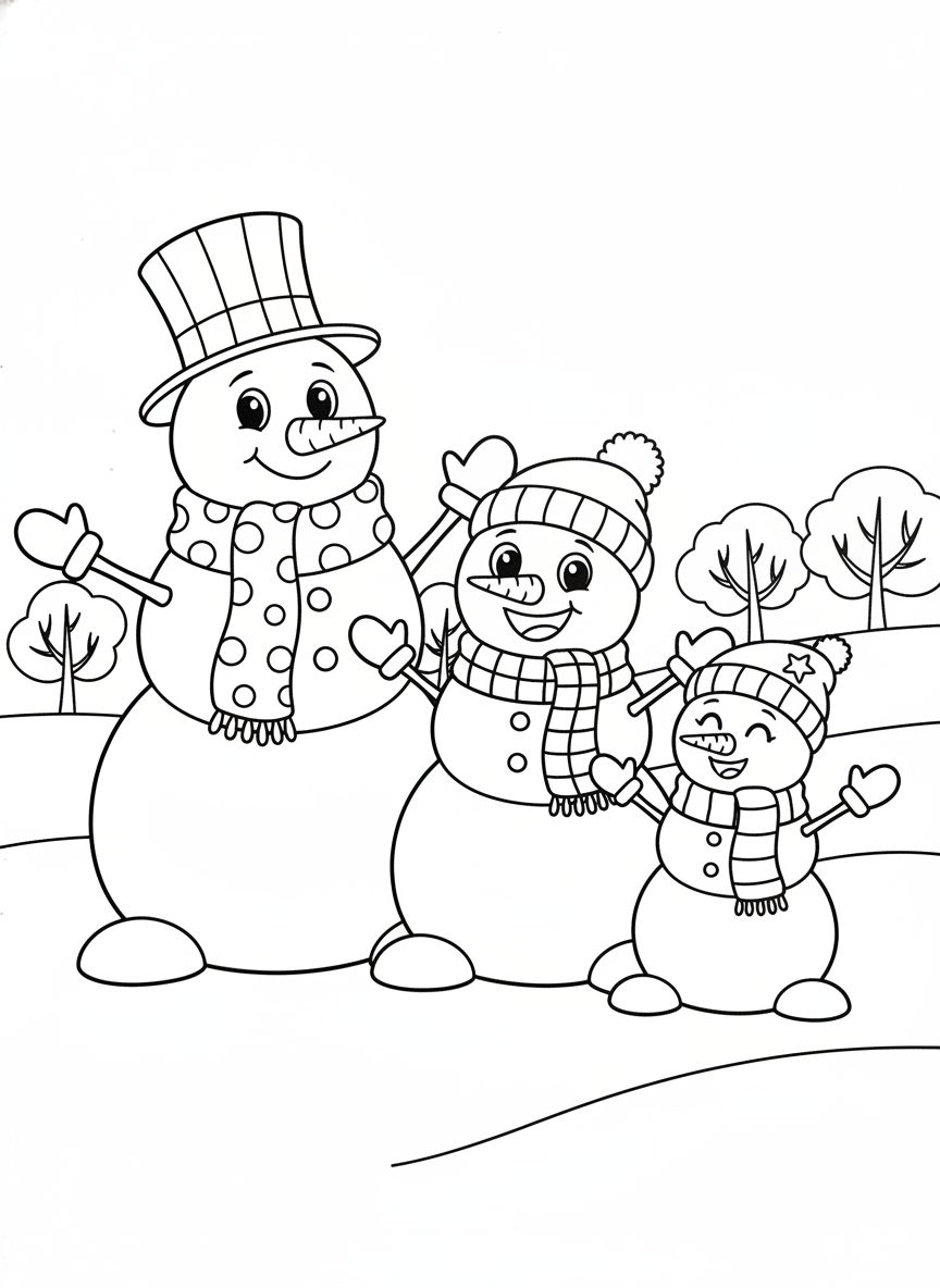 Happy Snowman Family Coloring Page - Winter Coloring Page featuring Snow and Seasonal - Free Printable Outline Drawing for Kids