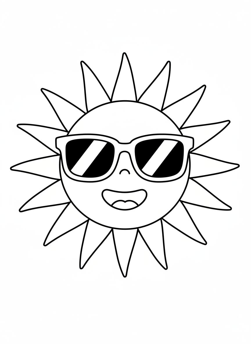 Página para Colorir Sol Feliz com Óculos de Sol para Crianças - Sol Desenho para Colorir com Feliz e Fofo - Desenho de Contorno Grátis Imprimível