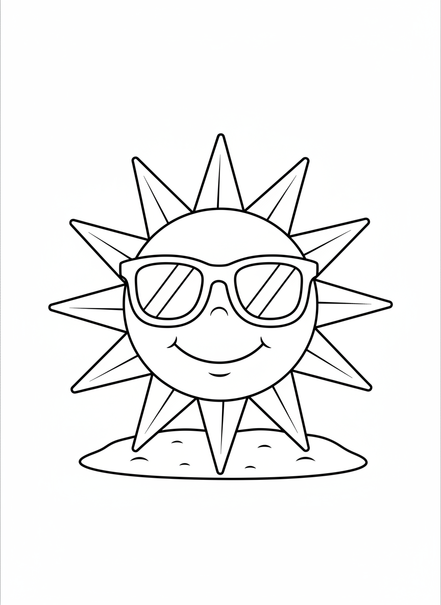 Página de Colorir Sol Feliz com Óculos de Sol para Crianças - Sol Desenho para Colorir com Fácil e Feliz - Desenho de Contorno Grátis Imprimível