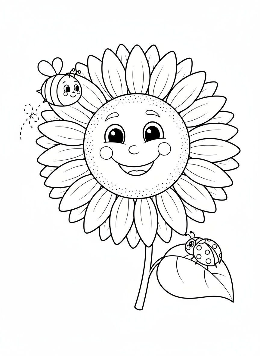 Happy Sunflower Coloring Page for Kids with Bee & Ladybug - Flowers Coloring Page featuring Easy and Happy - Free Printable Outline Drawing for Kids