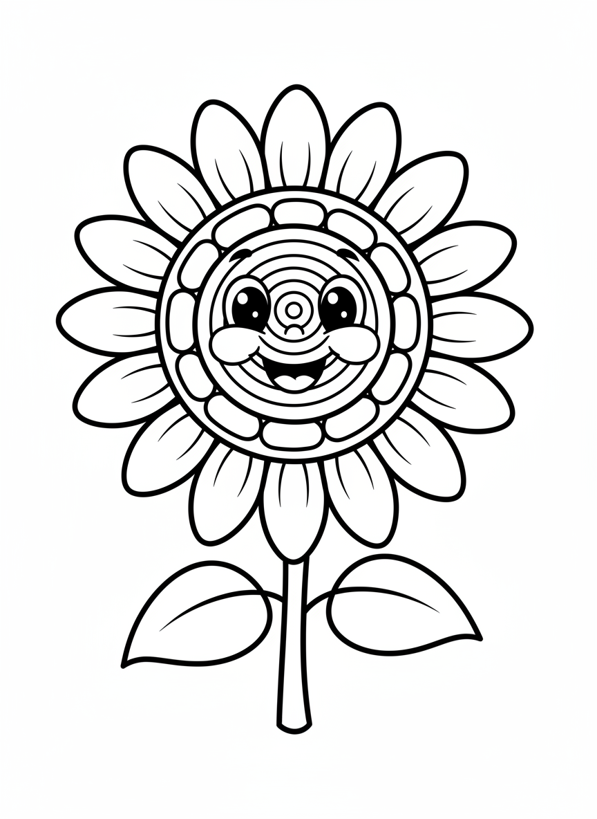 Tournesol Joyeux: Page de Coloriage Facile pour Enfants - Fleurs Coloriage avec Heureux et Enfants - Dessin au Trait Gratuit Imprimable