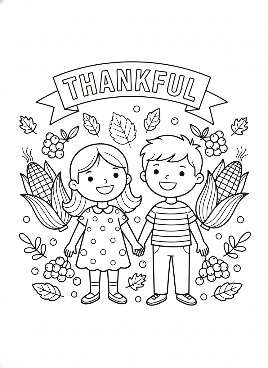 快樂感恩節兒童：充滿感謝的秋季著色頁 - 感恩節 著色頁 兒童、童話書風格 - 免費可列印輪廓畫