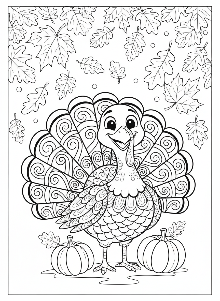 Happy Thanksgiving Turkey Coloring Page for Kids - Thanksgiving Coloring Page featuring Cute and Turkey - Free Printable Outline Drawing for Kids
