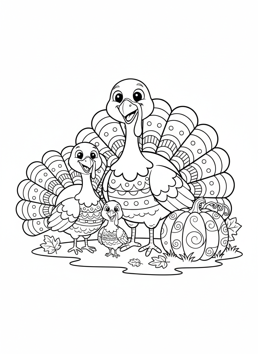 Happy Thanksgiving Turkey Family Coloring Page - Thanksgiving Coloring Page featuring Children and Family - Free Printable Outline Drawing for Kids