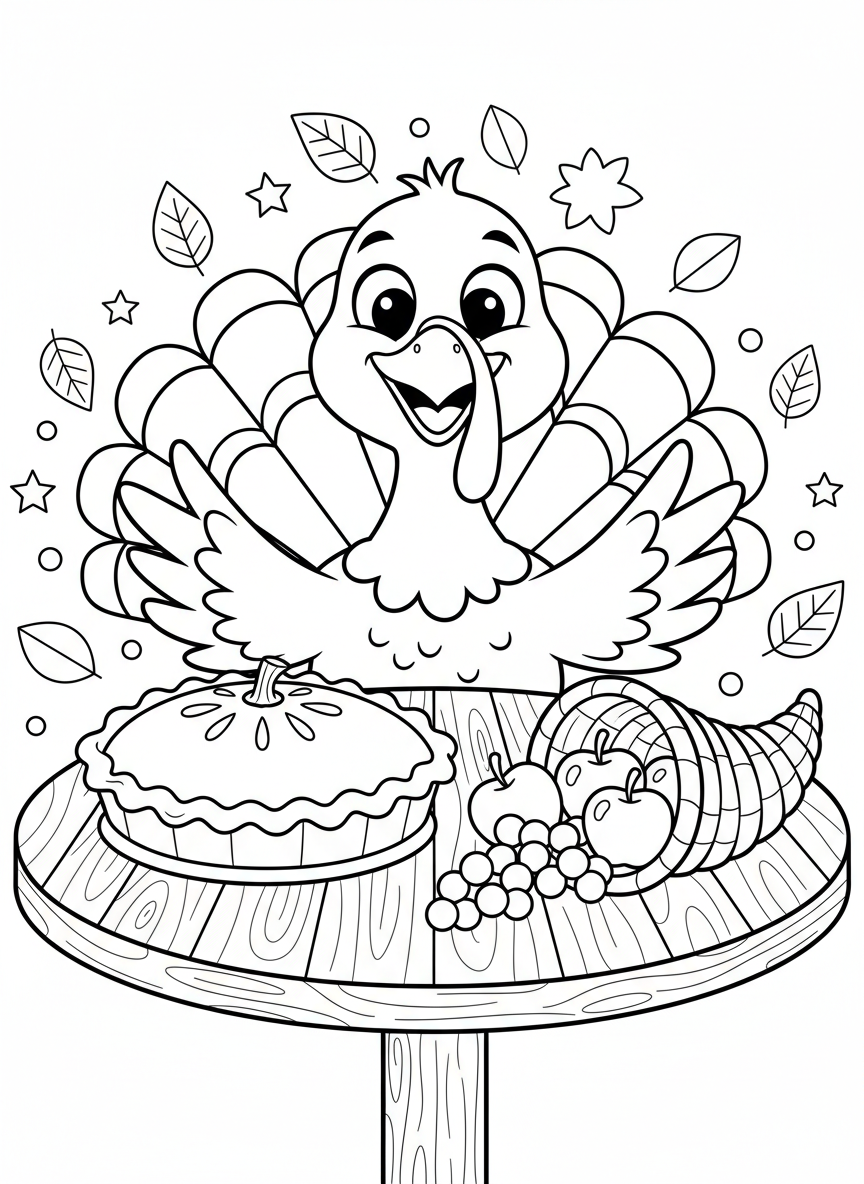 Happy Thanksgiving Turkey Feast Kids' Coloring Page - Thanksgiving Coloring Page featuring Fall Harvest and Turkey - Free Printable Outline Drawing for Kids