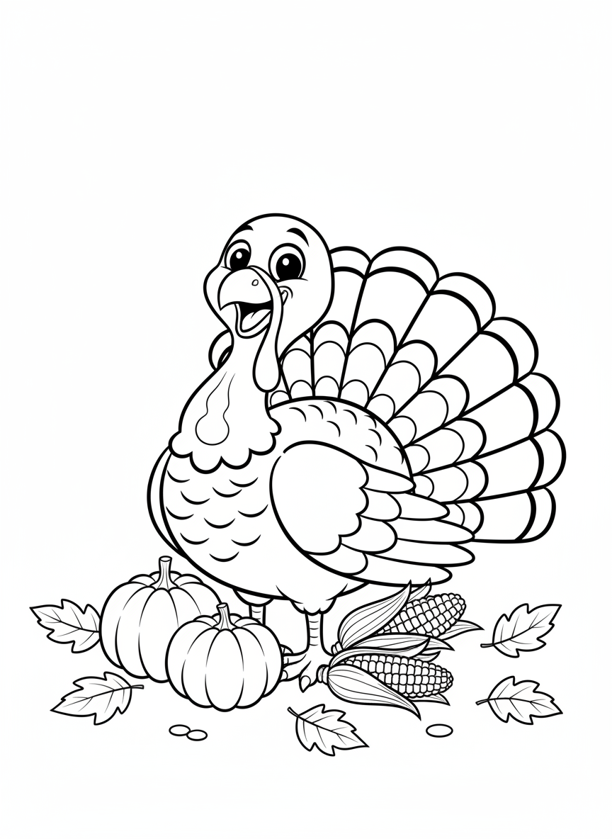 Happy Thanksgiving Turkey & Harvest Coloring Page for Kids - Thanksgiving Coloring Page featuring Harvest and Turkey - Free Printable Outline Drawing for Kids