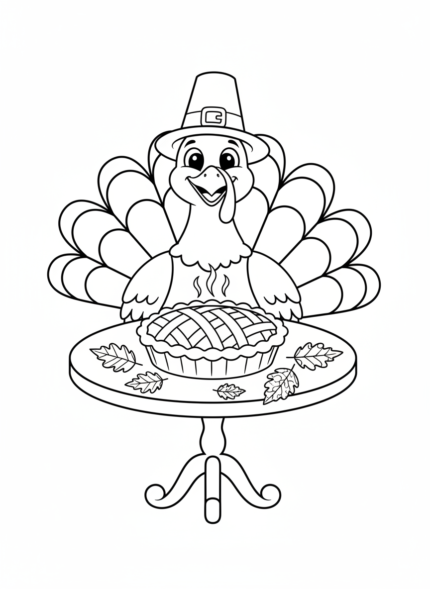 Happy Thanksgiving Turkey & Pie Coloring Page for Kids - Thanksgiving Coloring Page featuring Cute and Turkey - Free Printable Outline Drawing for Kids