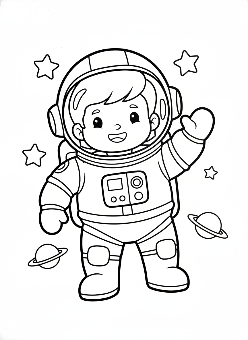 Astronauta Feliz Acenando: Página de Colorir Espacial Fácil para Crianças - Personagem Espacial Desenho para Colorir com Fofo e Espaço - Desenho de Contorno Grátis Imprimível