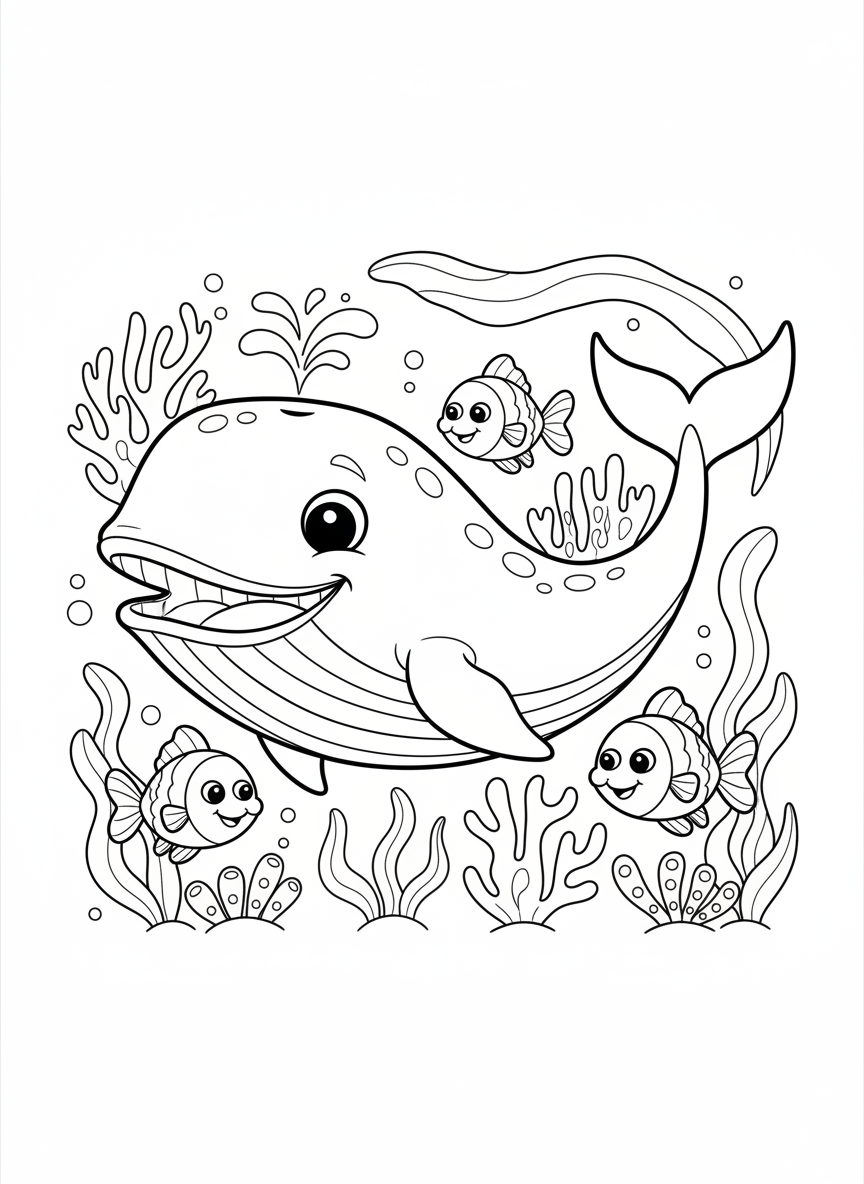 Happy Whale & Friends Ocean Coloring Page for Kids - Ocean Animal Coloring Page featuring Ocean and Easy to Color - Free Printable Outline Drawing for Kids