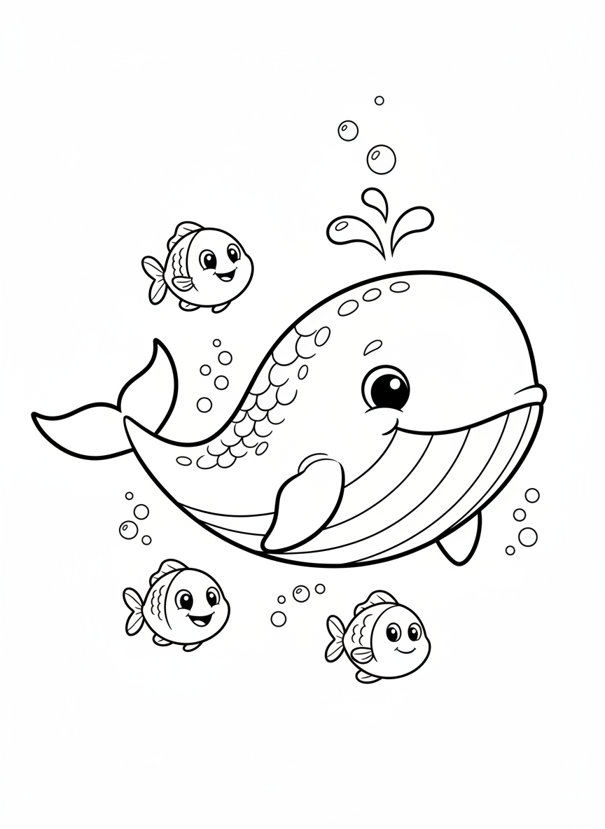 快樂鯨魚水下朋友著色頁 - 海洋動物 著色頁 快樂、海洋 - 免費可列印輪廓畫