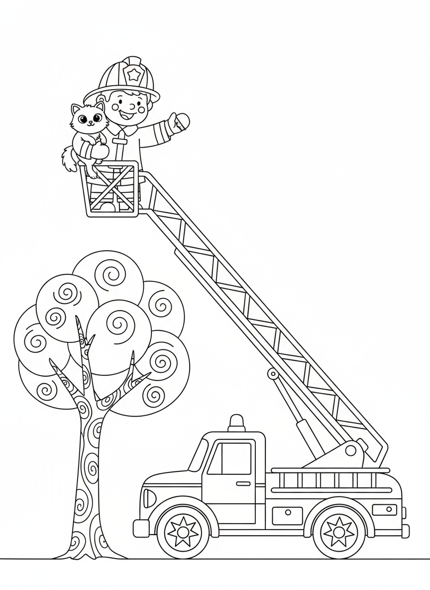 Tapferer Feuerwehrmann rettet süße Katze: Malvorlage - Beruf Malvorlage mit Kinder und Feuerwehrauto - Kostenlose Druckbare Umrisszeichnung