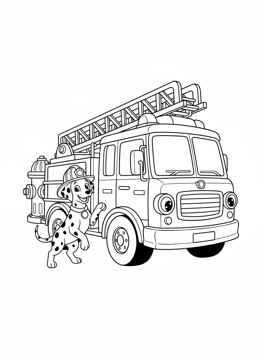 Heroic Fire Truck & Dalmatian Dog Kids Coloring Page - Fire Truck Coloring Page featuring Children and Brave - Free Printable Outline Drawing for Kids