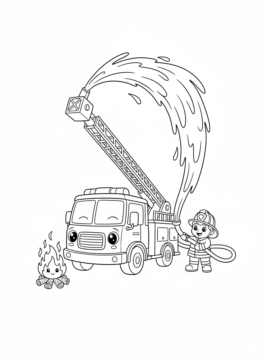 Heroic Fire Truck & Firefighter Coloring Page for Kids - Fire Truck Coloring Page featuring Fire Truck and Kids - Free Printable Outline Drawing for Kids