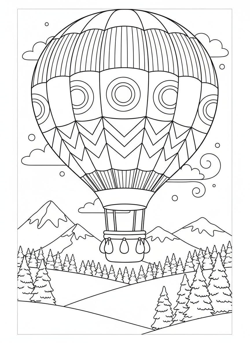 Hot Air Balloon Over Snow Coloring Page - Winter Coloring Page featuring Snow and Seasonal - Free Printable Outline Drawing for Kids