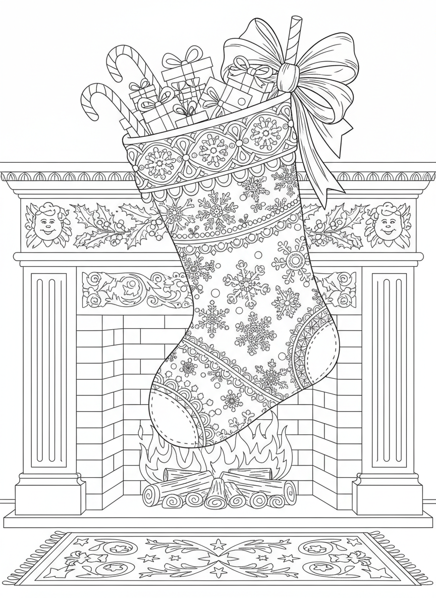 豪華なクリスマスストッキングぬりえ：子供向けお祭りぬり絵 - クリスマス ぬりえページ クリスマスとお祭り - 無料印刷可能な輪郭画