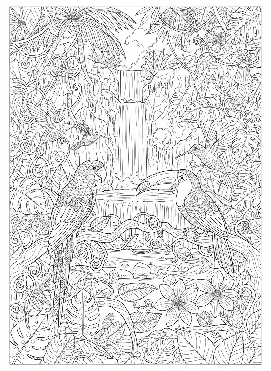 Intricate Jungle Birds Coloring Page for Kids: Parrots, Toucans & Hummingbirds - Bird Coloring Page featuring Children and Jungle - Free Printable Outline Drawing for Kids