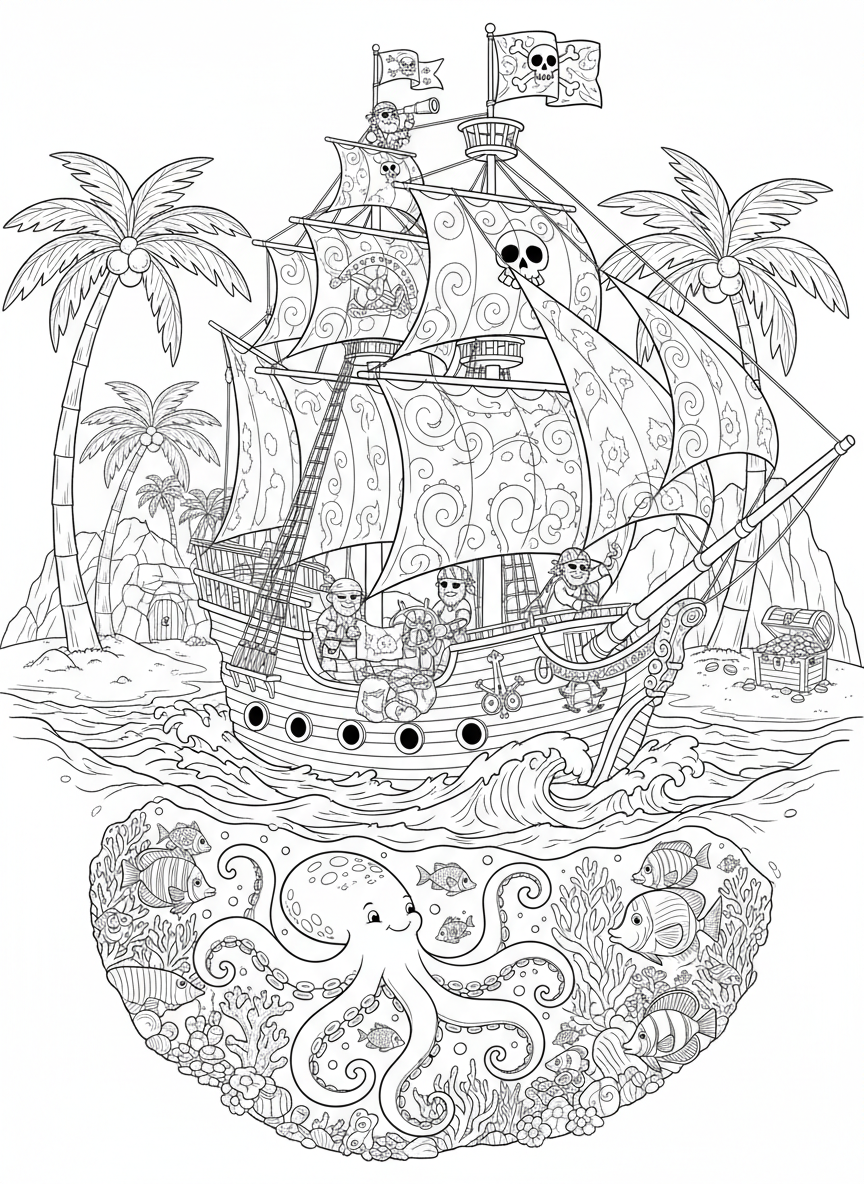 Intricate Pirate Ship Adventure: A Detailed Coloring Page for Young Explorers - Pirate Coloring Page featuring Ocean and Children - Free Printable Outline Drawing for Kids