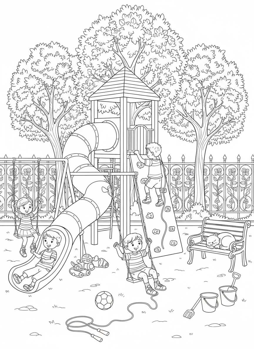 Intricate Playground Fun: A Challenging Coloring Page for Kids 8-10 - Children Playing Coloring Page featuring Happy and Children - Free Printable Outline Drawing for Kids