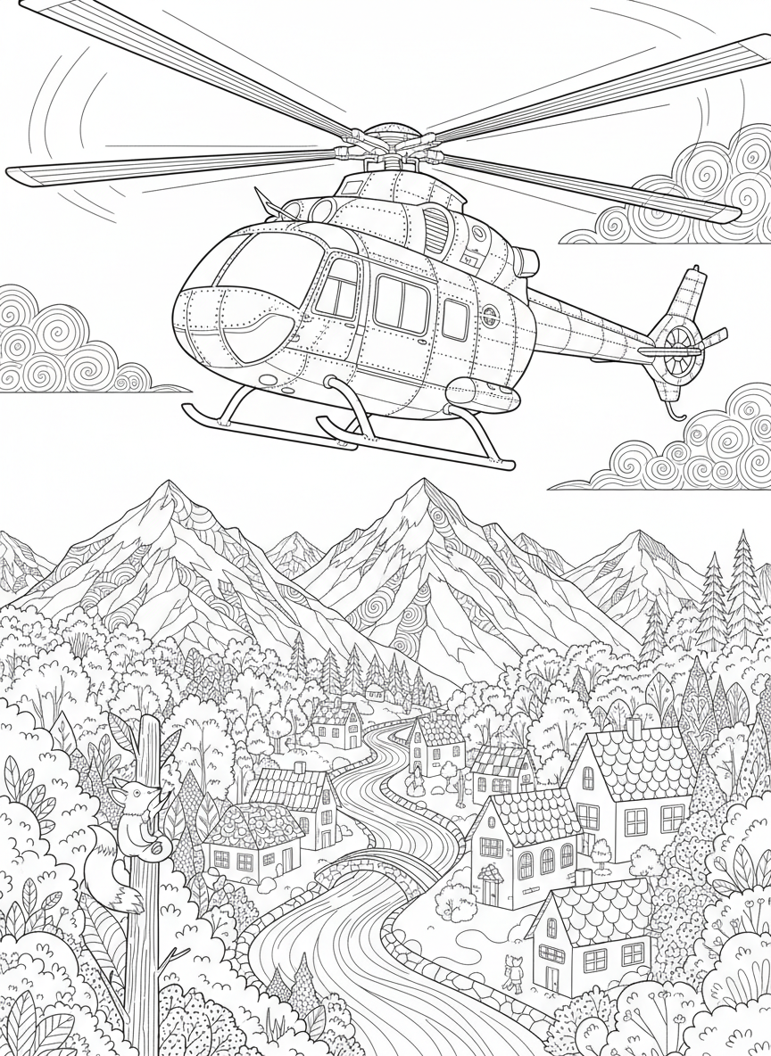 精密救助ヘリコプターの冒険：山村ぬりえ - 飛行機 ぬりえページ 自然と子供 - 無料印刷可能な輪郭画
