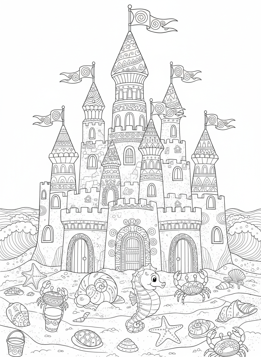 Castelo de Areia Detalhado: Página de Colorir de Aventura na Praia para Crianças - Castelo Desenho para Colorir com Oceano e Fantasia - Desenho de Contorno Grátis Imprimível