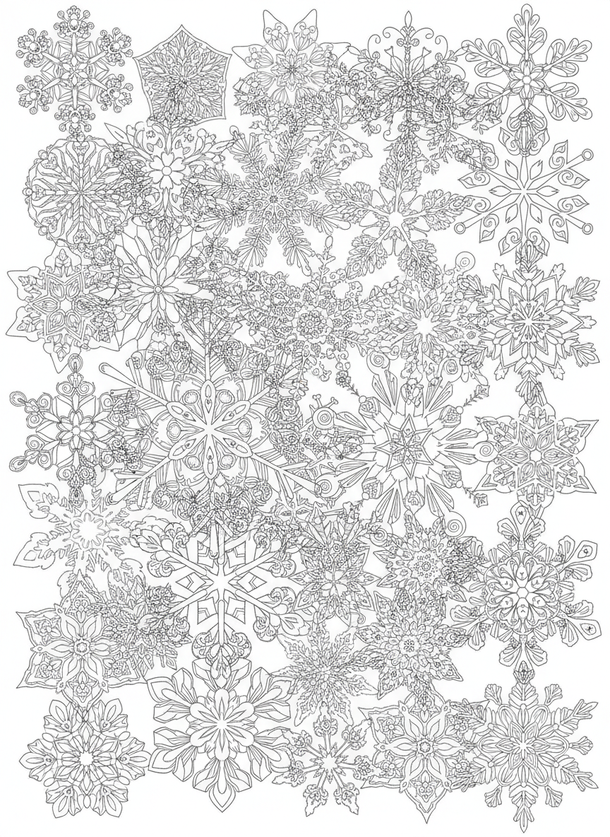 Intricate Snowflake Kaleidoscope Coloring Page - Winter Coloring Page featuring Snow and Seasonal - Free Printable Outline Drawing for Kids