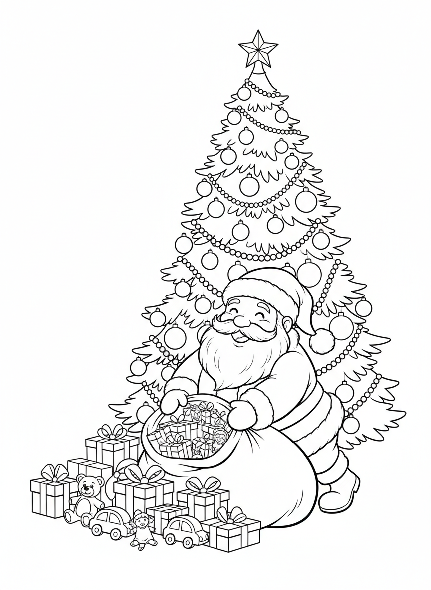 Jolly Santa Delivering Gifts: A Christmas Tree Coloring Page for Kids - Christmas Coloring Page featuring Christmas and Festive - Free Printable Outline Drawing for Kids