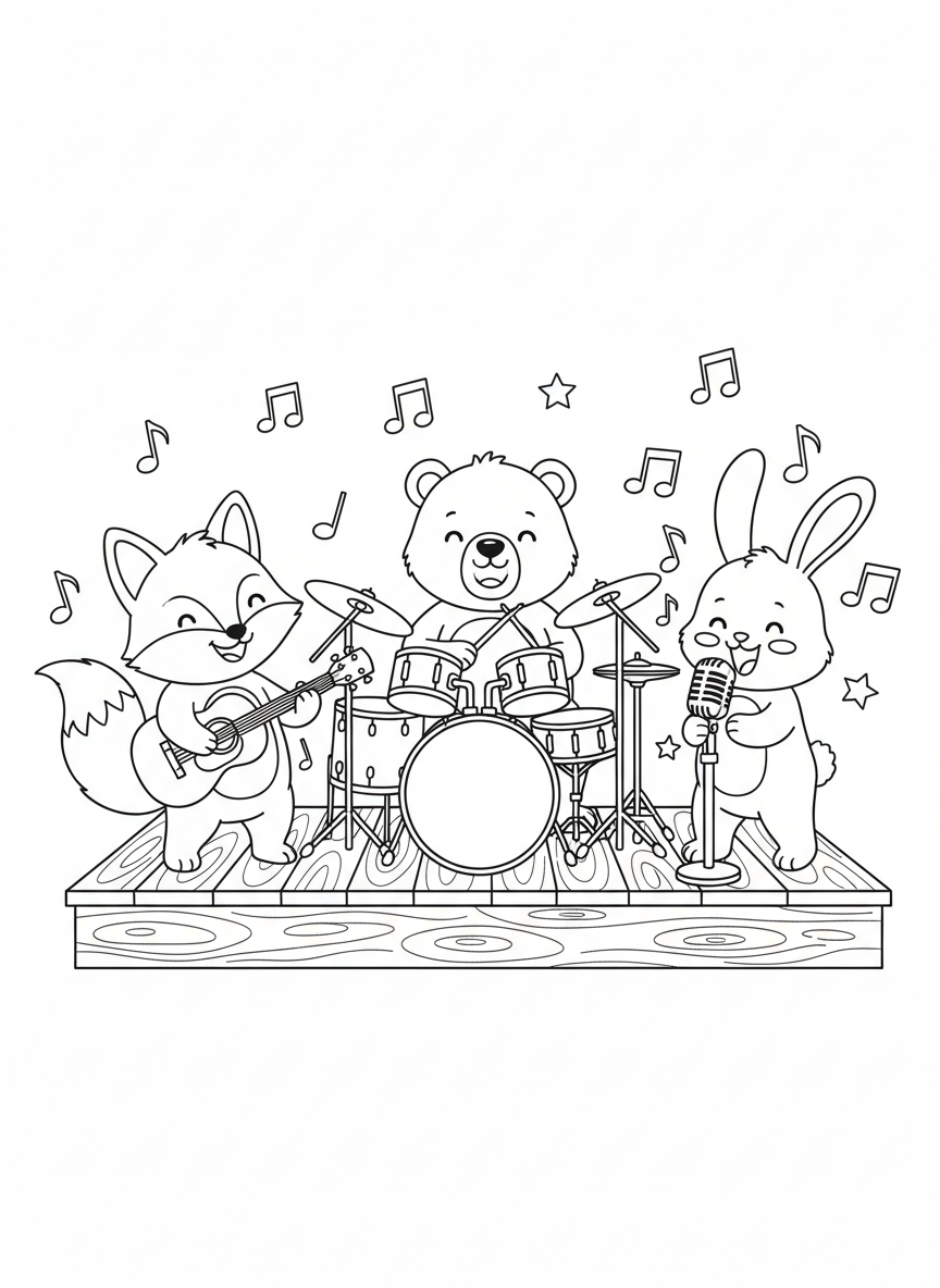 Joyful Animal Band Coloring Page for Kids - Musical Instrument Coloring Page featuring Children and Music - Free Printable Outline Drawing for Kids