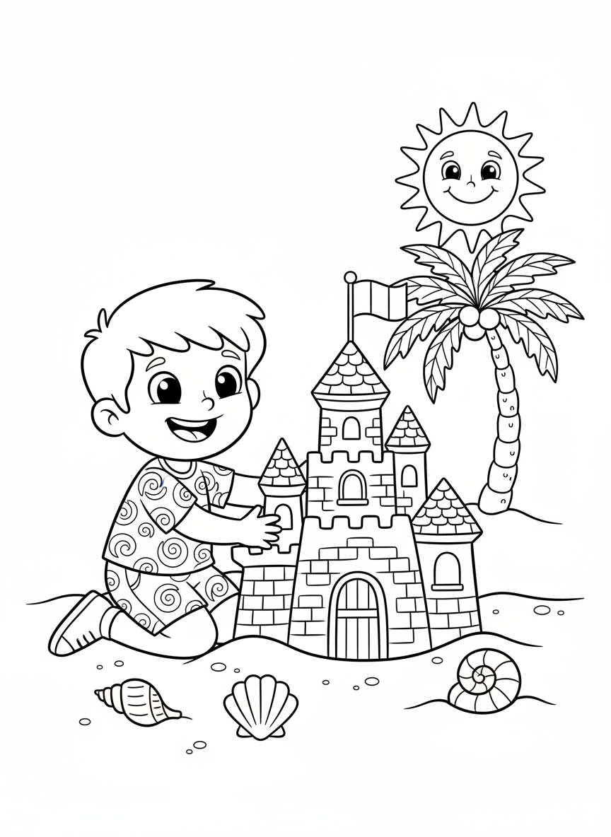 Joyful Beach Fun: Kid Building Sandcastle Coloring Page - Children Playing Coloring Page featuring Easy to Color and Children - Free Printable Outline Drawing for Kids