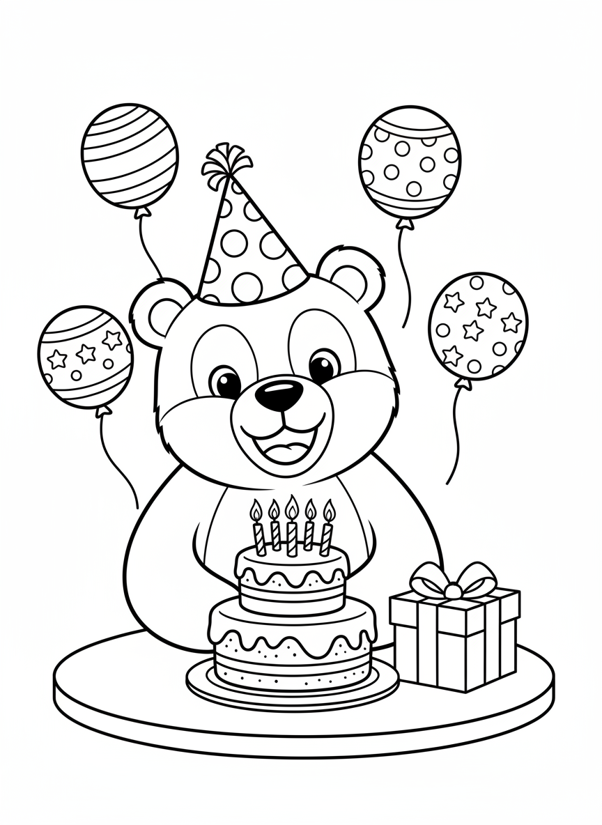Joyful Bear Birthday Party: Easy Kids Coloring Page - Birthday Coloring Page featuring Easy to Color and Cute - Free Printable Outline Drawing for Kids