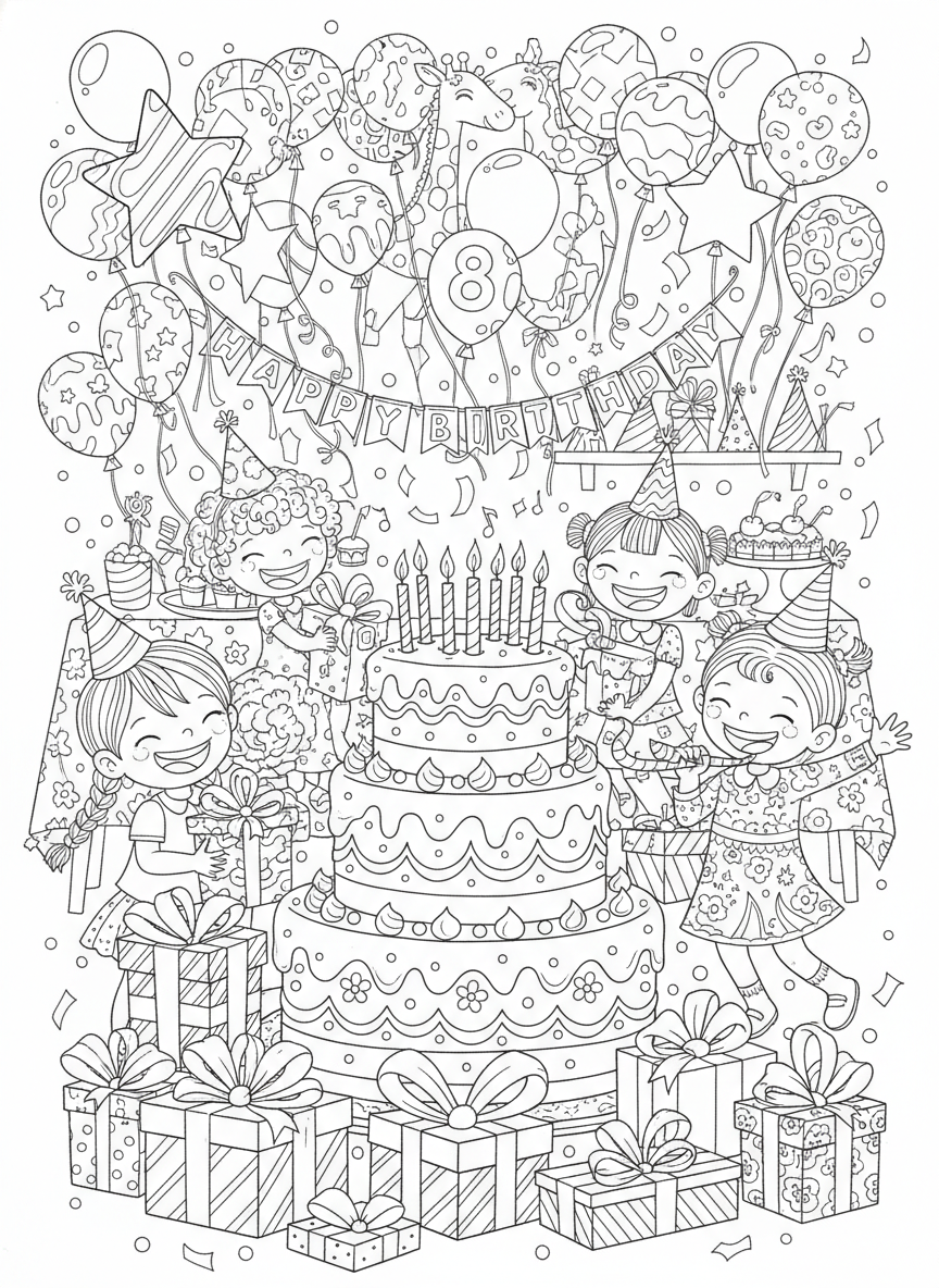Joyful Birthday Party Celebration: An Intricate Coloring Page for Kids 8-10 - Birthday Coloring Page featuring Festive and Happy - Free Printable Outline Drawing for Kids