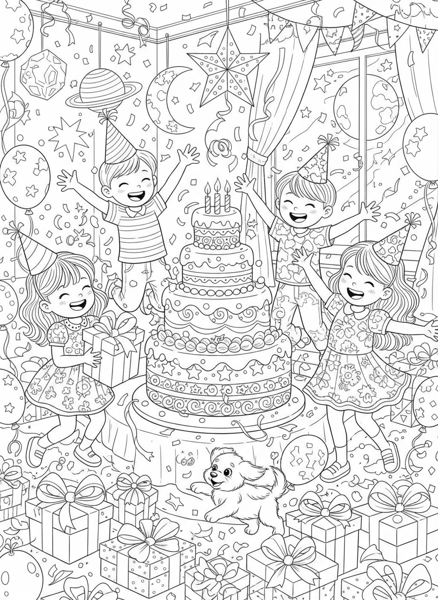 Joyful Birthday Party Celebration: Detailed Coloring Page for Kids 8-10 - Birthday Coloring Page featuring Festive and Happy - Free Printable Outline Drawing for Kids
