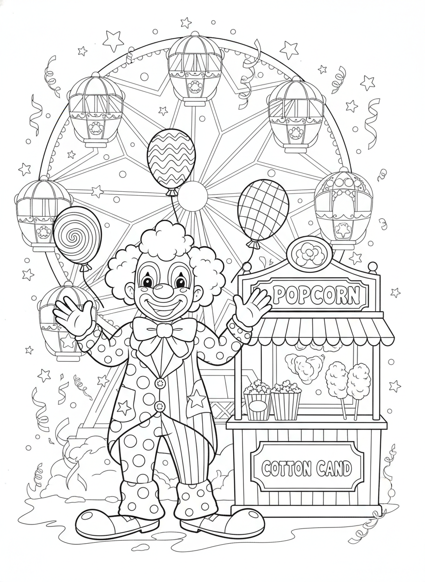 Joyful Carnival Clown Coloring Page for Kids - Clown Coloring Page featuring Carnival and Kids - Free Printable Outline Drawing for Kids