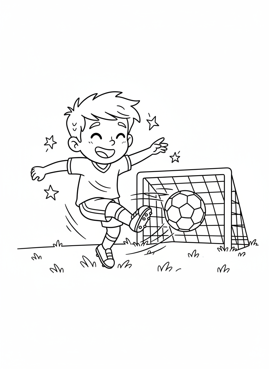 Joyful Cartoon Kid Playing Soccer Coloring Page for Children - Sports Player Coloring Page featuring Children and Cute - Free Printable Outline Drawing for Kids
