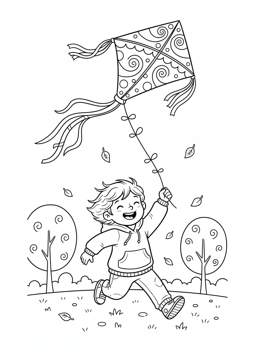 Joyful Child Flying Kite in Autumn Breeze Coloring Page - Autumn Coloring Page featuring Easy and Outdoors - Free Printable Outline Drawing for Kids