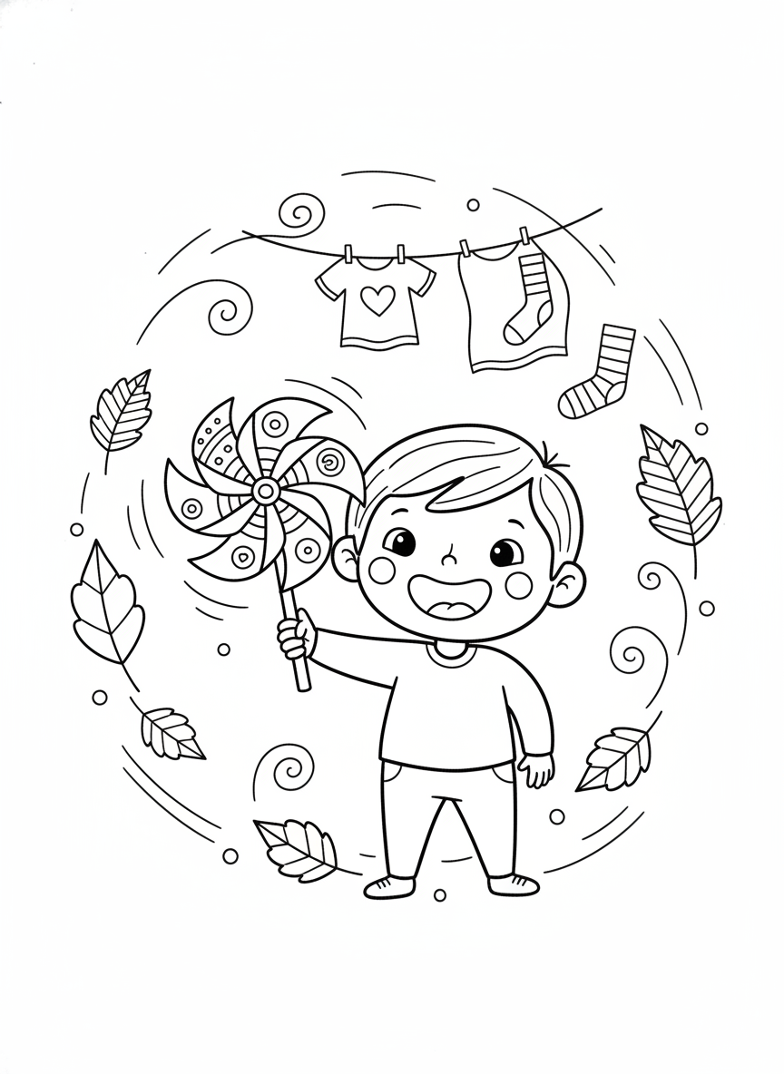 Joyful Child with Pinwheel and Autumn Leaves Coloring Page - Children Playing Coloring Page featuring Playful and Autumn - Free Printable Outline Drawing for Kids