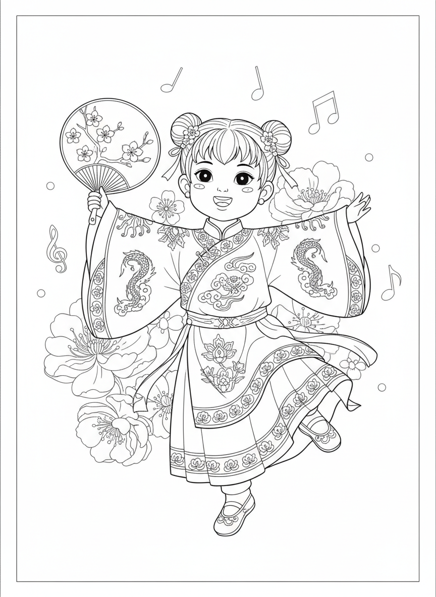 Joyful Chinese Folk Dancer: Kids' Coloring Page - Festival Celebration Coloring Page featuring Children and Chinese Culture - Free Printable Outline Drawing for Kids