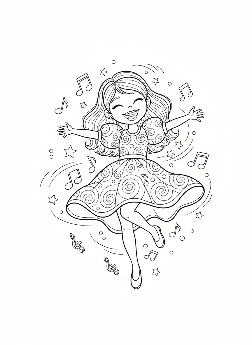 Menina Dançarina Alegre: Página para Colorir com Notas Musicais - Criança Desenho para Colorir com Feliz e Crianças - Desenho de Contorno Grátis Imprimível