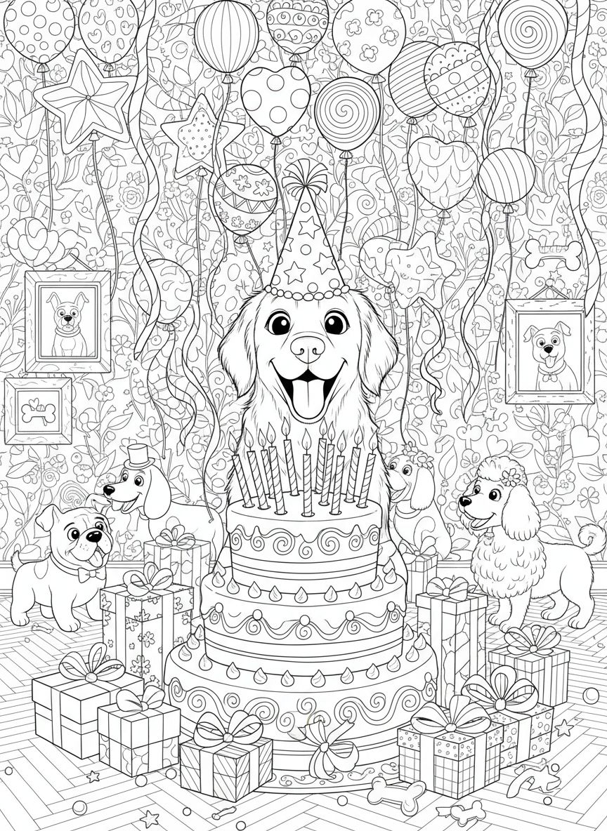 楽しい犬の誕生日パーティー：上級者向けぬりえ - 誕生日 ぬりえページ お祭りと楽しい - 無料印刷可能な輪郭画