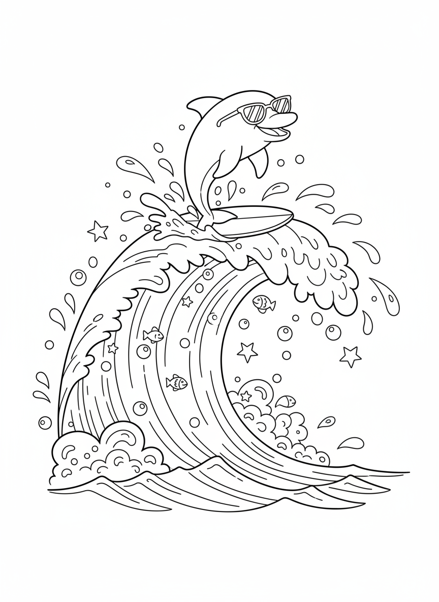 Joyful Dolphin Surfing Ocean Wave Kids Coloring Page - Ocean Animal Coloring Page featuring Ocean and Children - Free Printable Outline Drawing for Kids