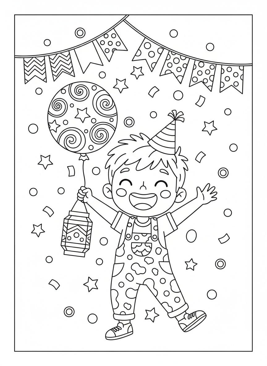 Joyful Festival Celebration Coloring Page for Kids - Festival Celebration Coloring Page featuring Easy to Color and Festival - Free Printable Outline Drawing for Kids