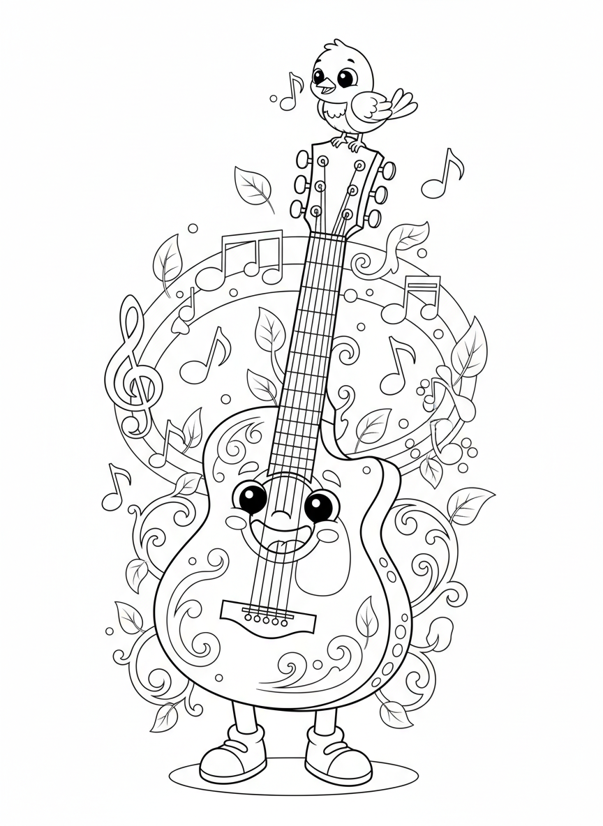 楽しいギターの音楽庭園：かわいい子供向け塗り絵 - 楽器 ぬりえページ 子供とかわいい - 無料印刷可能な輪郭画