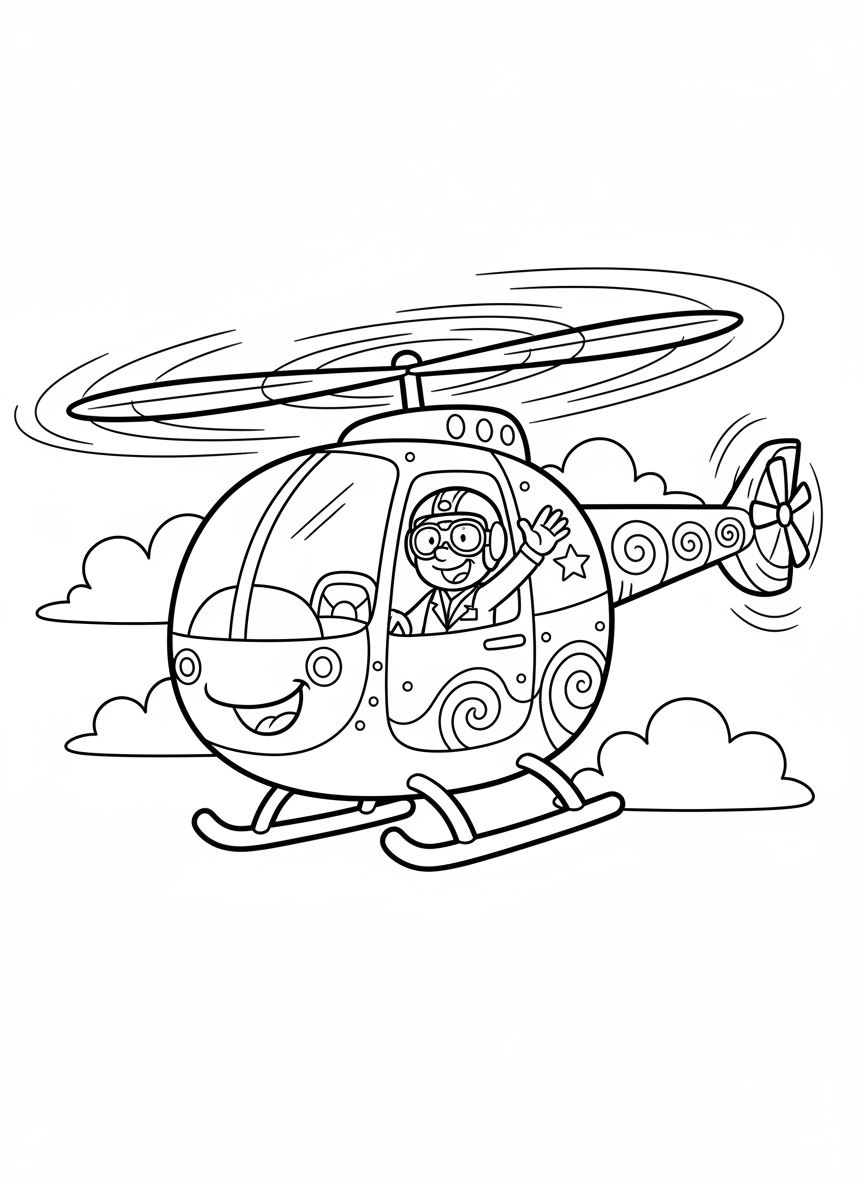 Joyful Helicopter Adventure: A Cute Cartoon Coloring Page for Kids - Helicopter Coloring Page featuring Cute and Flying - Free Printable Outline Drawing for Kids