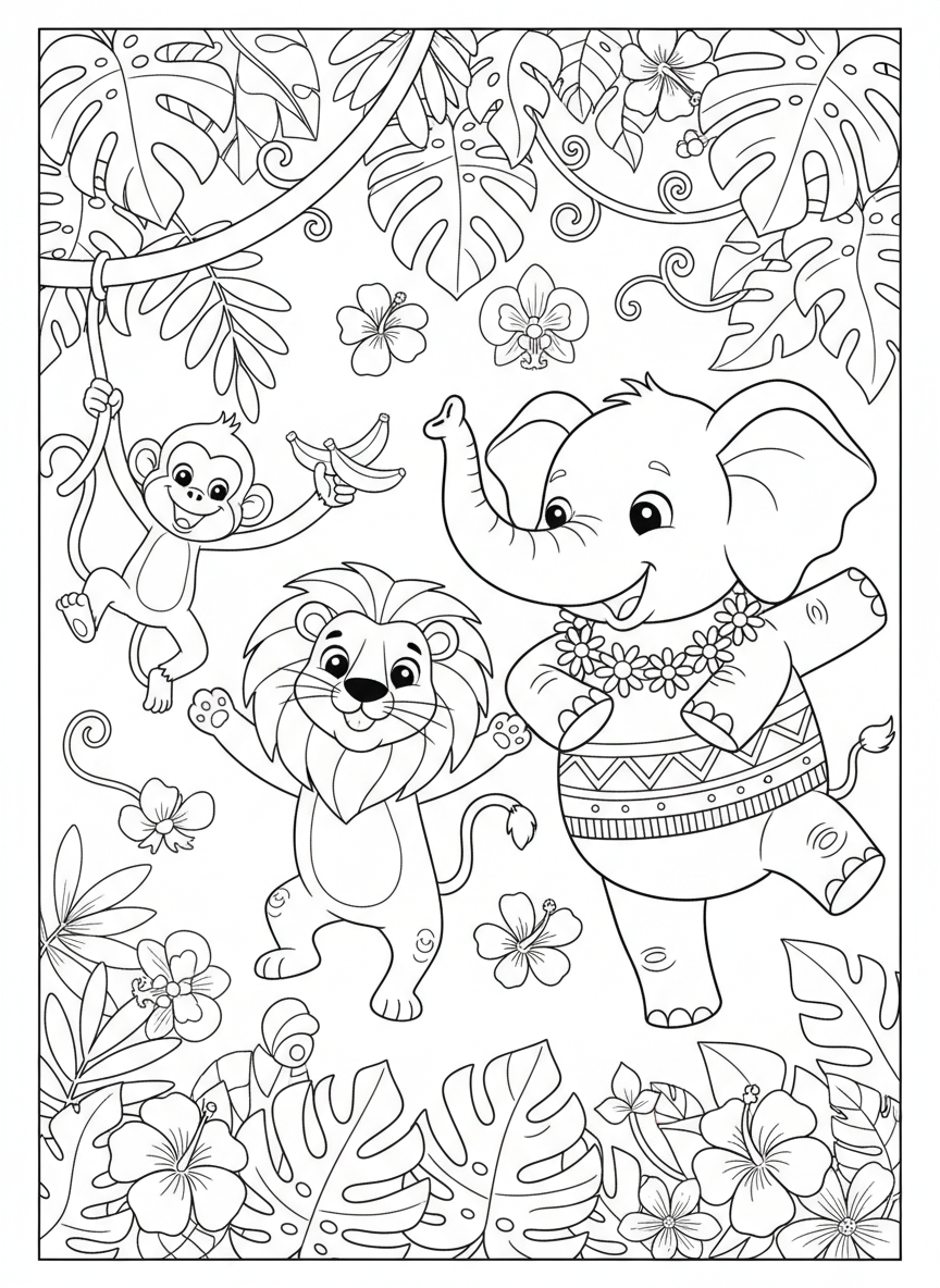 Joyful Jungle Animals Dancing Coloring Page for Kids - Friends Coloring Page featuring Cute and Children - Free Printable Outline Drawing for Kids